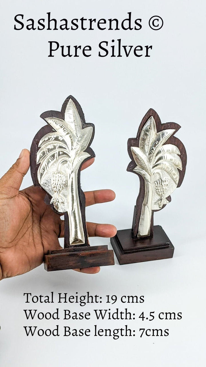 Pure silver banana tree decor stuck on a wooden base - pure silver gift items- silver return gift for navarathri, wedding and housewarming