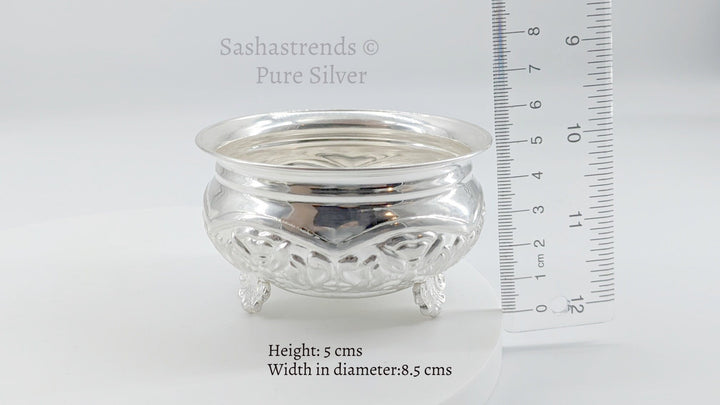 Pure silver flower design bowl with tri stand - gift items- silver pooja items for home, return gift for navarathri, wedding & housewarming