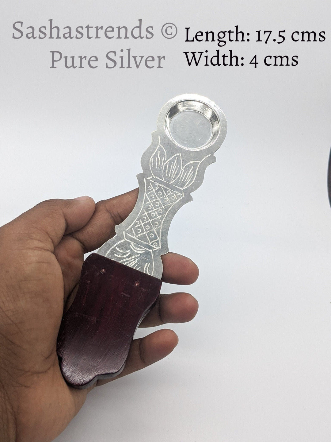 Round single aarti with a wooden handle- silver gift items- silver pooja items for home, return gift for navarathri, wedding & housewarming