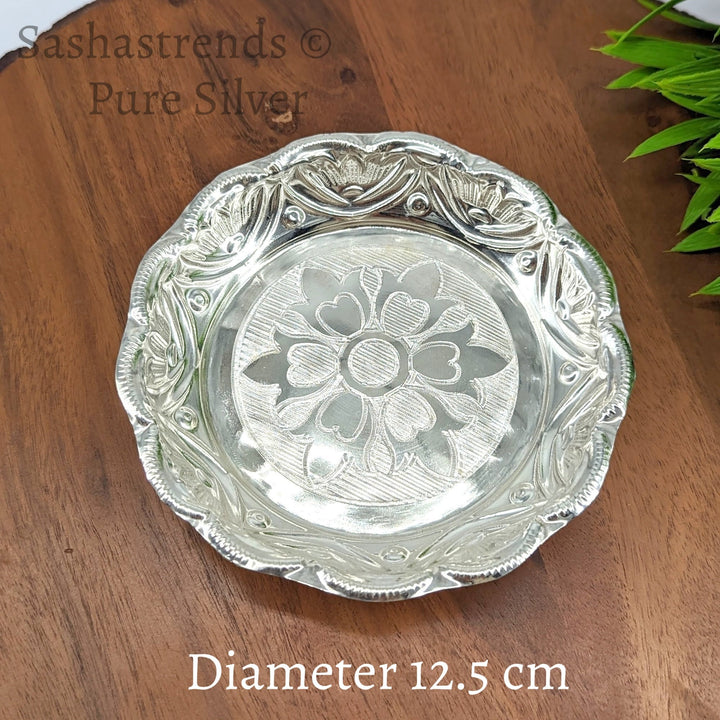 Pure silver plate -12.5 cms diameter- Silver pooja plate - pooja items for home, return gift for navarathri, wedding & housewarming