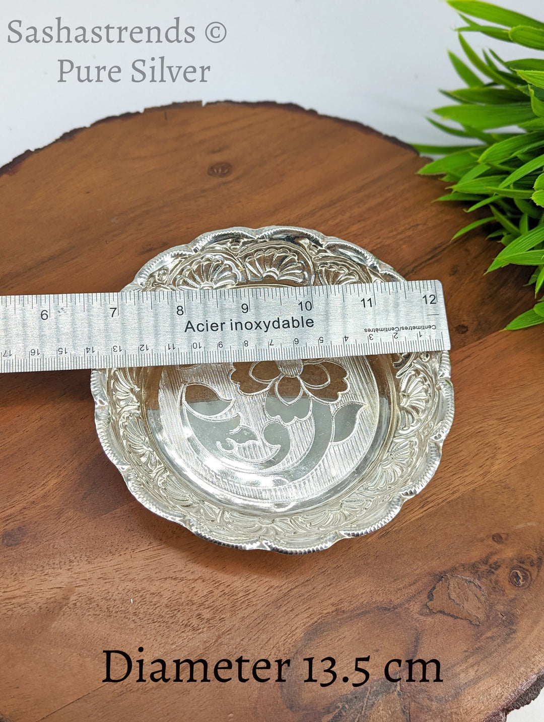 Pure silver plate -13.5 cms diameter- Silver pooja plate - pooja items for home, return gift for navarathri, wedding & housewarming