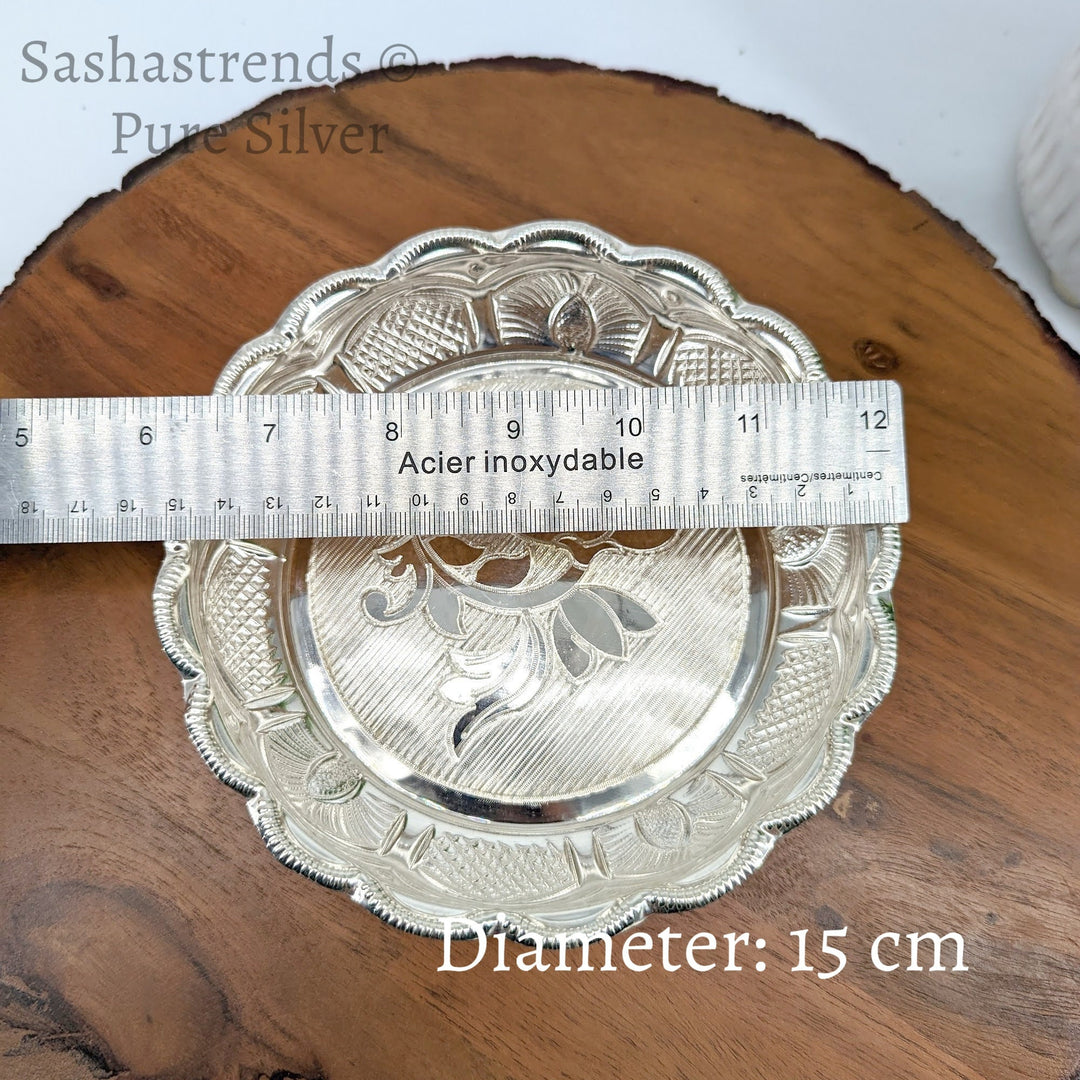 Pure silver plate -15 cms diameter- Silver pooja plate - pooja items for home, return gift for navarathri, wedding & housewarming