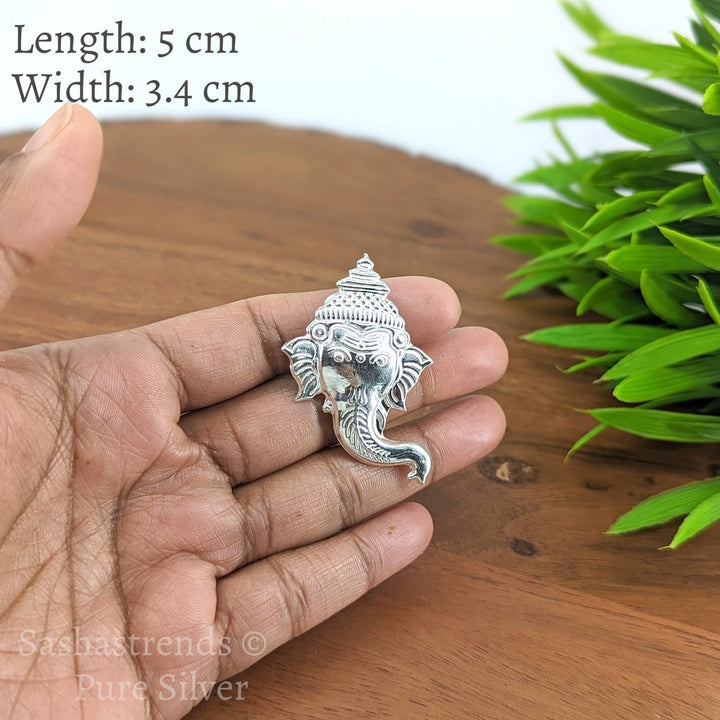 Silver ganesha face- Ganesha face with pin -pure silver gift items- pooja items for home, return gift for navarathri, wedding & housewarming
