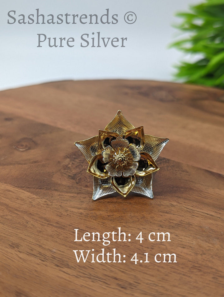 925 Silver pooja flower- gold plated 3 layered flower -Silver Pooja Items for Home, Return Gift for Navarathri, Wedding, & Housewarming