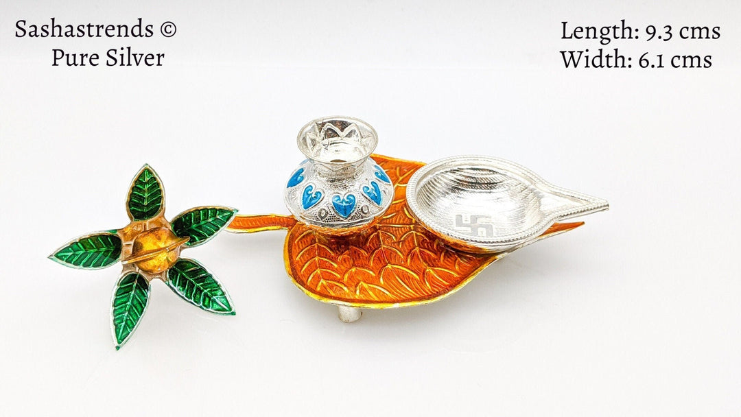 Enamel kalasam design diya/lamp- pure silver gift items- silver pooja items for home, return gift for navarathri, wedding & housewarming