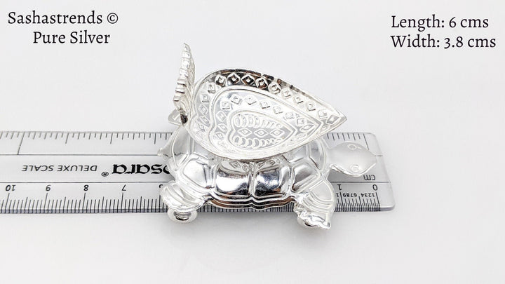 Pure silver heart diya over a turtle - pure silver gift items- silver puja items for home, return gift for navarathri,wedding & housewarming