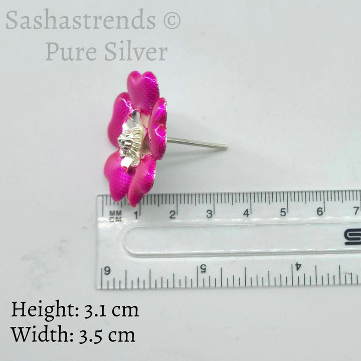Silver flower- pink enamel flower -Silver Pooja Items for Home, Return Gift for Navarathri, Wedding, & Housewarming