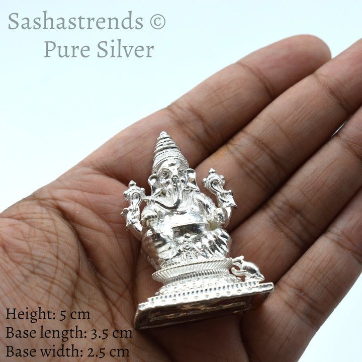 Pure silver statue - 925 silver hollow Ganesha idol seated on Peeta- 925 silver gift items - silver return gift for Navratri & housewarming