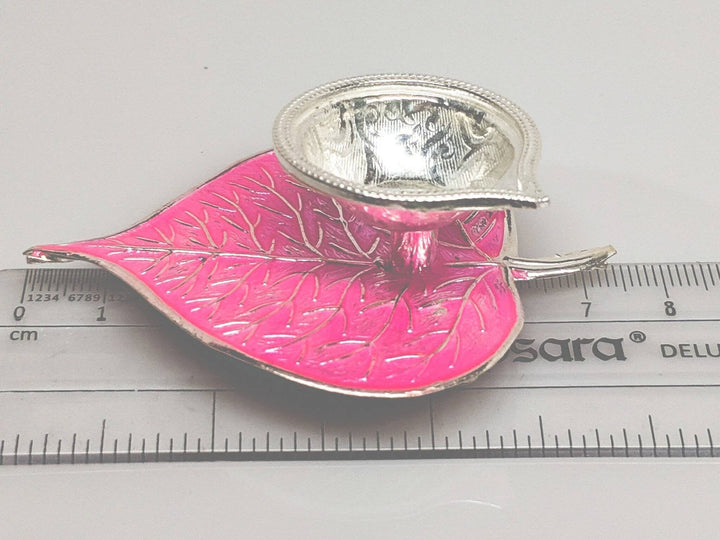 Pink enamel silver diya/lamp - pure silver gift items- silver pooja items for home, return gift for navarathri, wedding and housewarming