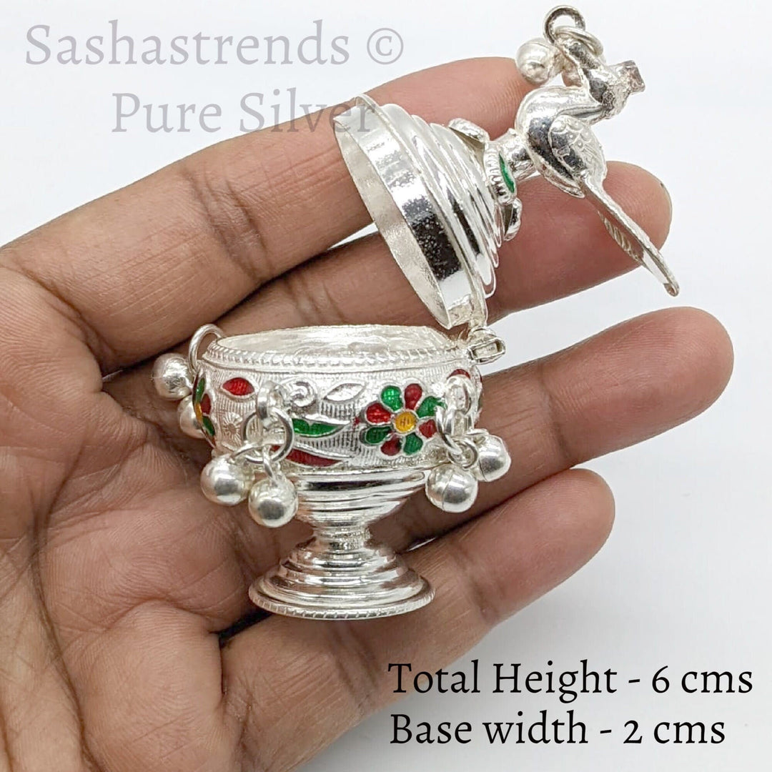 Pure silver peacock kumkum box with connected lid and bell - pure silver gift items- pooja items for home,return gift for navarathri, &housewarming