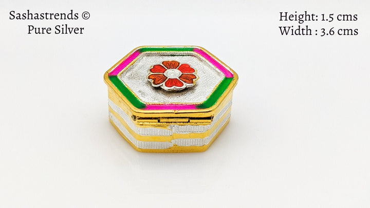 Pure silver flower hexagon shaped kumkum box with 2 partition- gift items-pooja items for home, return gift for navarathri, & housewarming