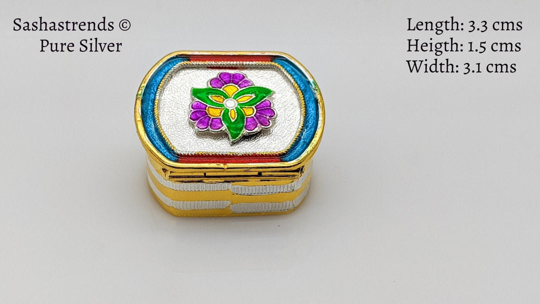 Pure silver flower enamel kumkum box with 2 partition- pure silver gift items-pooja items for home,return gift for navarathri, &housewarming