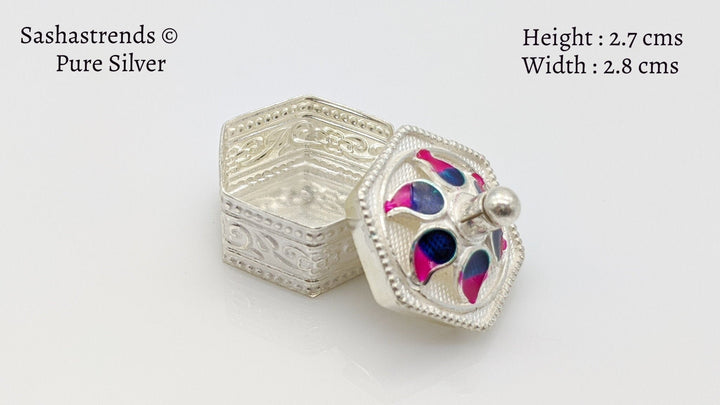 Hexagon shape kumkum box with lid- pure silver gift items- silver pooja items for home,return gift for navarathri,wedding & housewarming