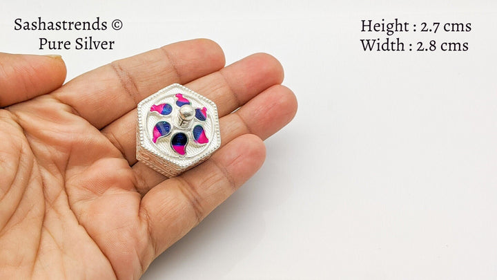 Hexagon shape kumkum box with lid- pure silver gift items- silver pooja items for home,return gift for navarathri,wedding & housewarming