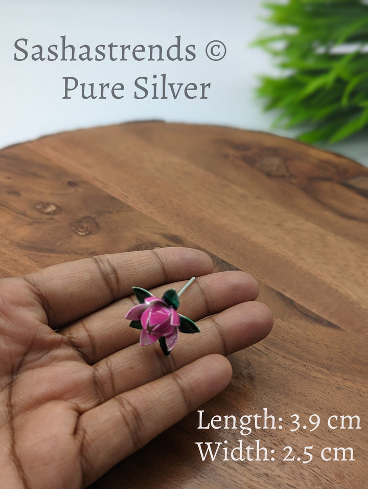 925 Silver flower- pink lotus flower -Silver Pooja Items for Home, Return Gift for Navarathri, Wedding, & Housewarming