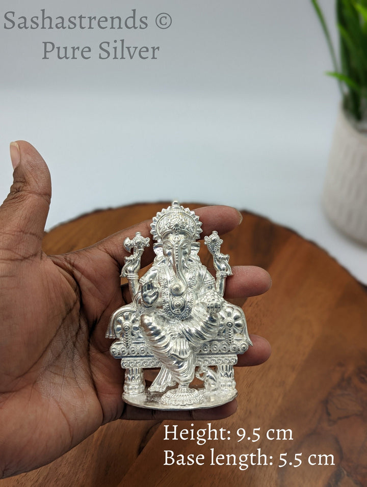 Pure silver statue - 925 silver solid Ganesha idol seated on Peeta- 925 silver gift items - silver return gift for Navratri & housewarming