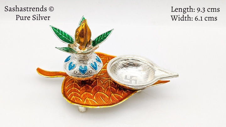 Enamel kalasam design diya/lamp- pure silver gift items- silver pooja items for home, return gift for navarathri, wedding & housewarming