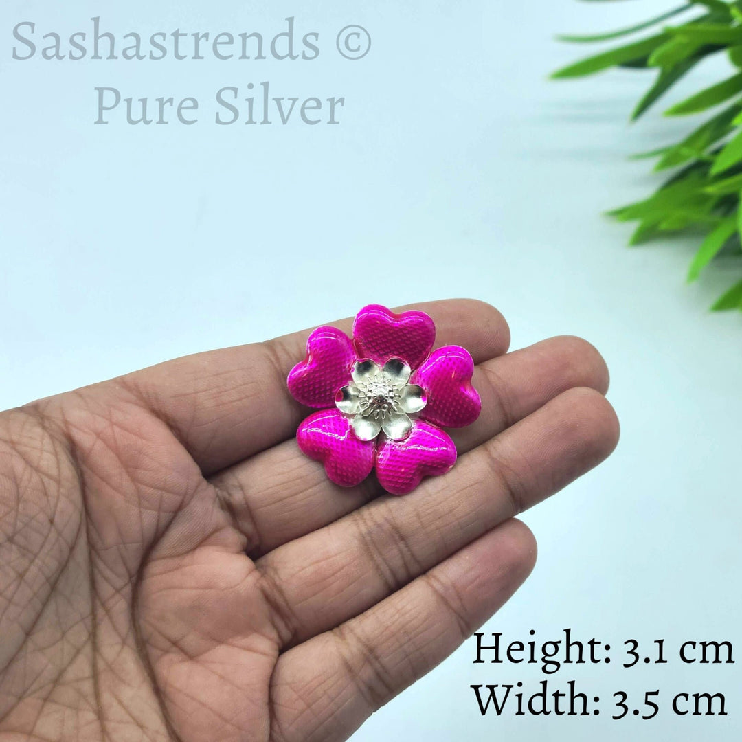Silver flower- pink enamel flower -Silver Pooja Items for Home, Return Gift for Navarathri, Wedding, & Housewarming
