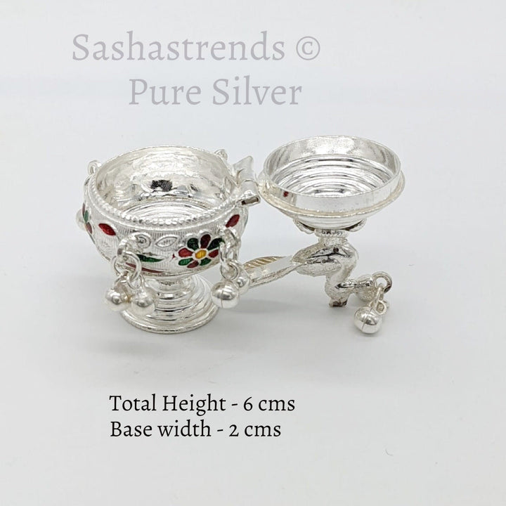 Pure silver peacock kumkum box with connected lid and bell - pure silver gift items- pooja items for home,return gift for navarathri, &housewarming