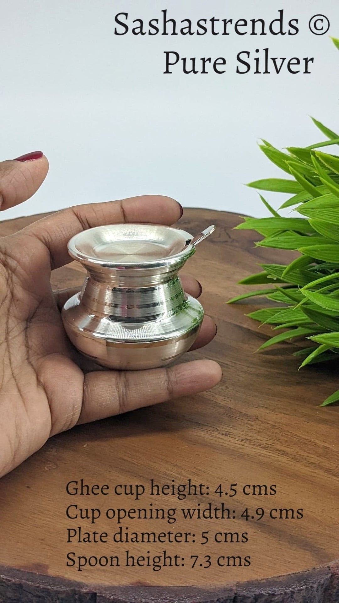 Silver Ghee cup with lid and spoon - Sterling silver gift items - pooja items for home, return gift for navarathri, wedding & housewarming