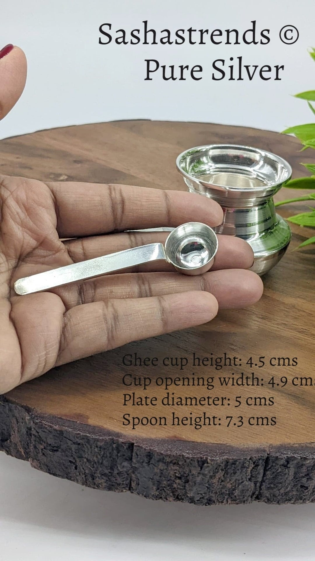 Silver Ghee cup with lid and spoon - Sterling silver gift items - pooja items for home, return gift for navarathri, wedding & housewarming
