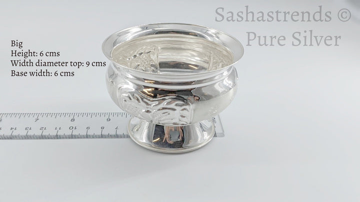 Pure silver flower engraved bowl with base stand -gift items- silver pooja items for home, return gift for navarathri,wedding & housewarming