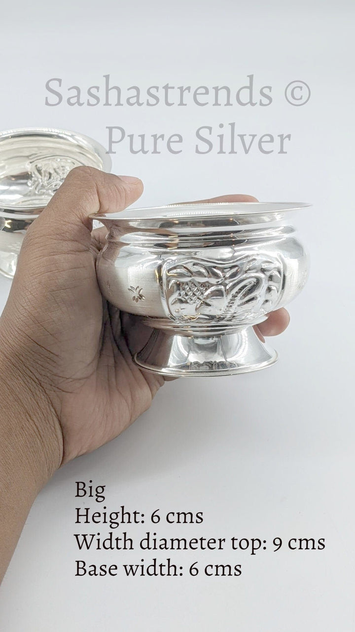 Pure silver flower engraved bowl with base stand -gift items- silver pooja items for home, return gift for navarathri,wedding & housewarming